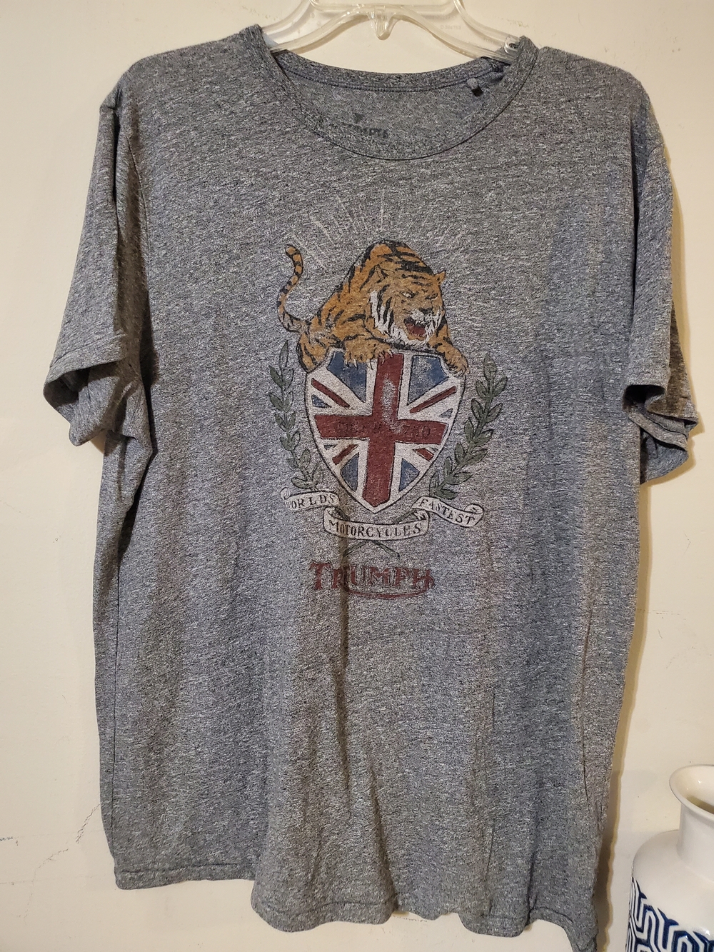 Vintage Triumph Heather Gray Tee with Union Jack Shield and Tiger Graphic